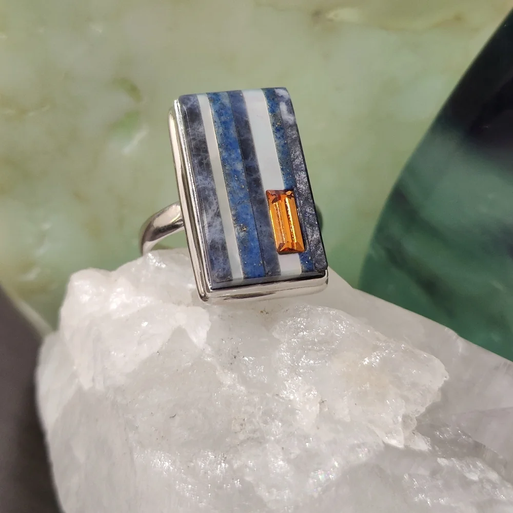 Natural Lapis Lazuli, Pearl & Citrine Ring .925 sz 9 - Picture 12 of 12